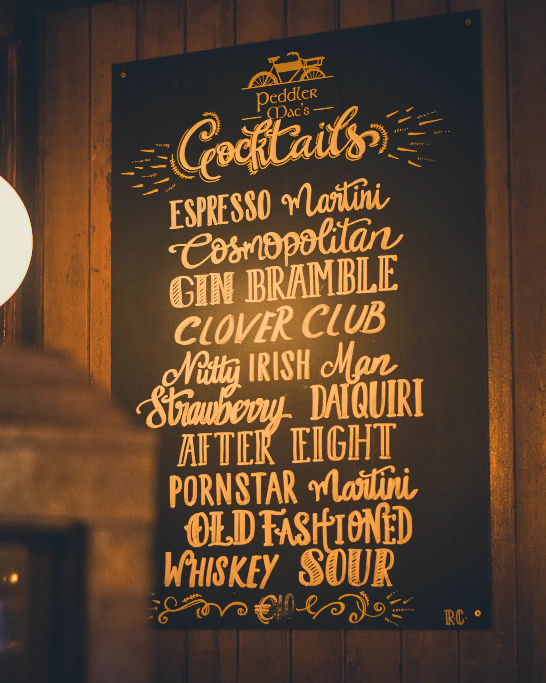 Inside Peddler Mac's bar at night